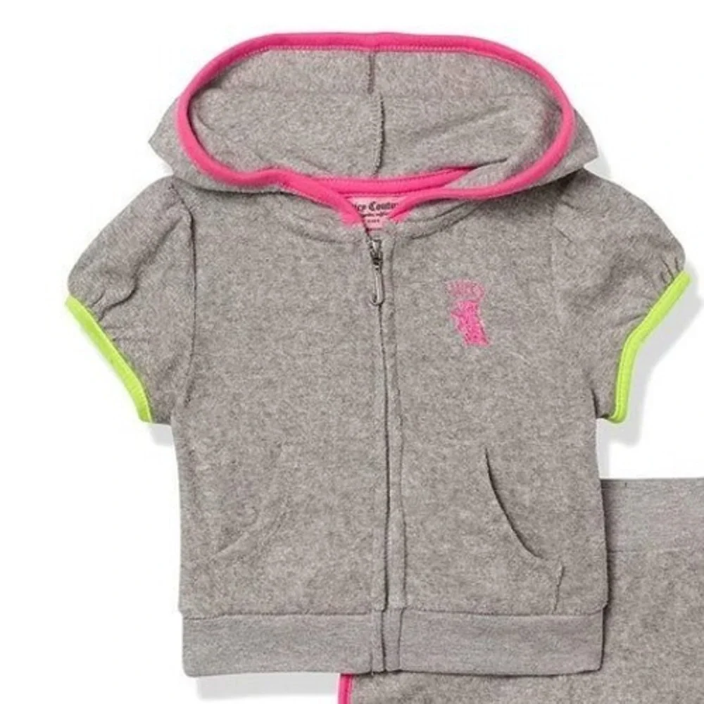 Juicy Couture Hoodie Kids Size 7 Gray Short Sleeve Terry Cloth Neon Trim Zip Up